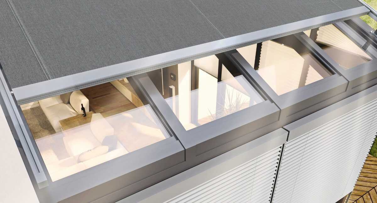 Wintergartenmarkise Aufglas Wintergarten mit grauer Aufglas-Wintergartenmarkise